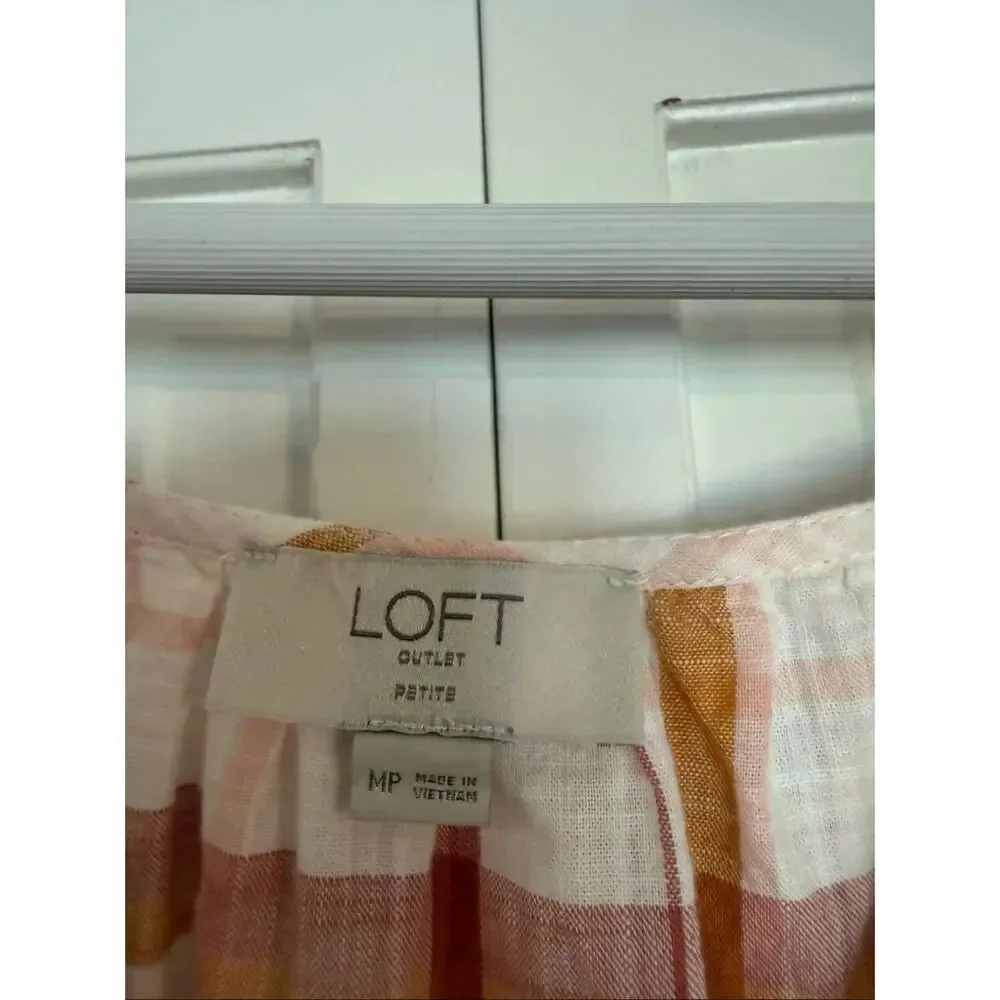 Loft puff sleeve gingham orange blouse M petite